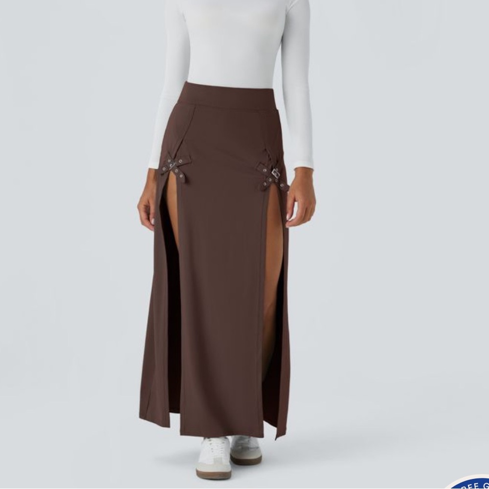 HALARA Brown Maxi Skirt with Front Slits